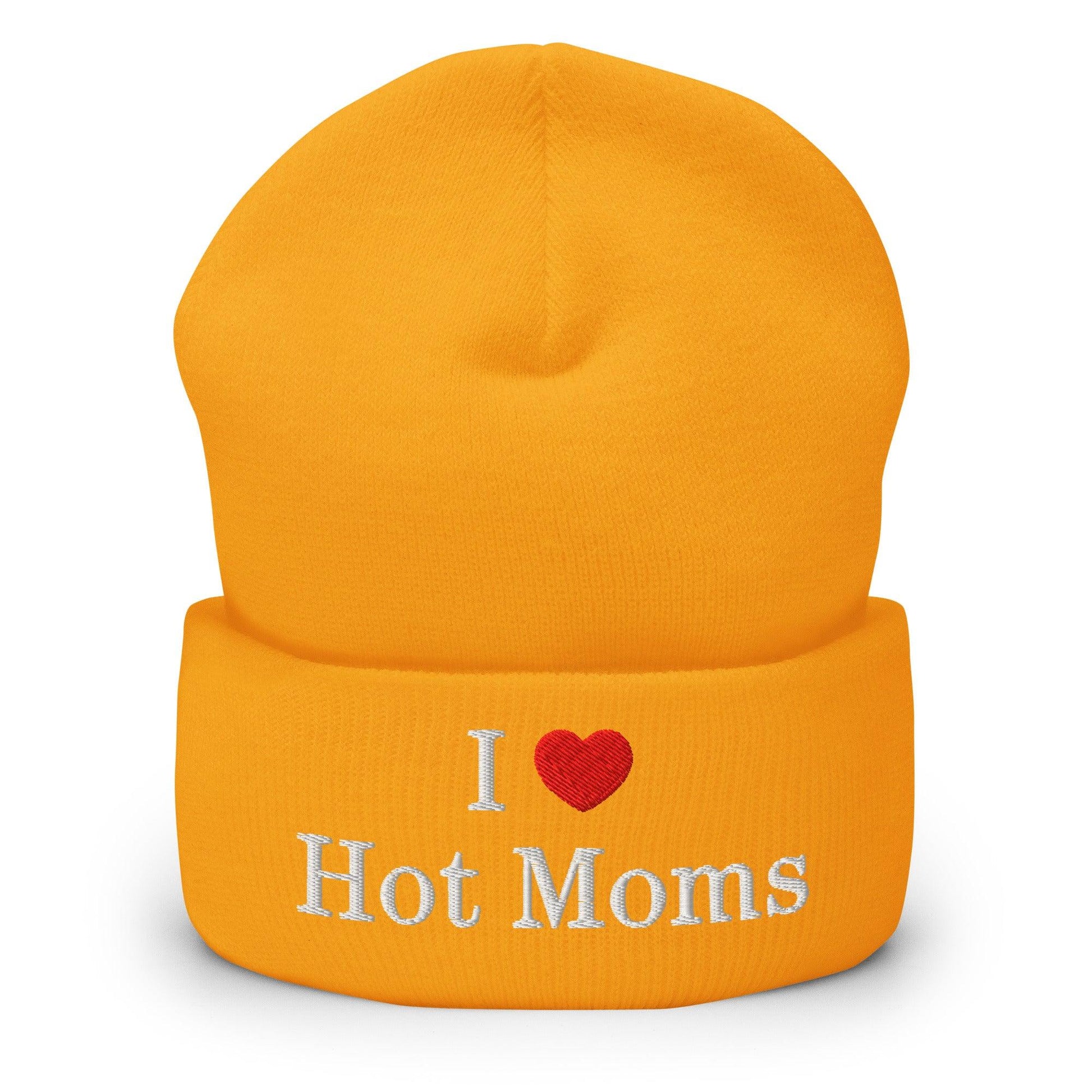 I Love Hot Moms Embroidered Knit Cuffed Beanie - Gold
