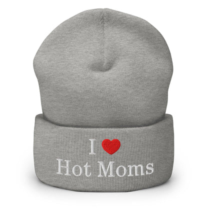 I Love Hot Moms Embroidered Knit Cuffed Beanie - Heather Grey