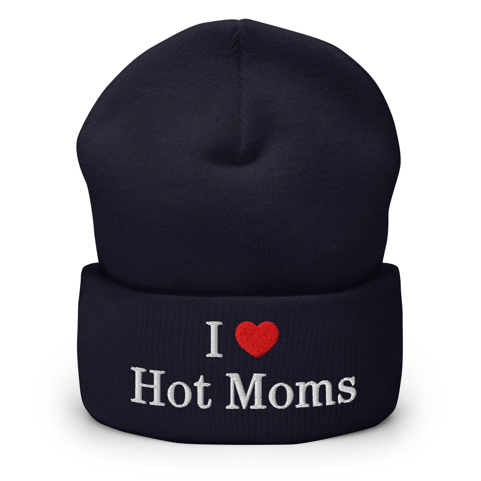 I Love Hot Moms Embroidered Knit Cuffed Beanie - Navy