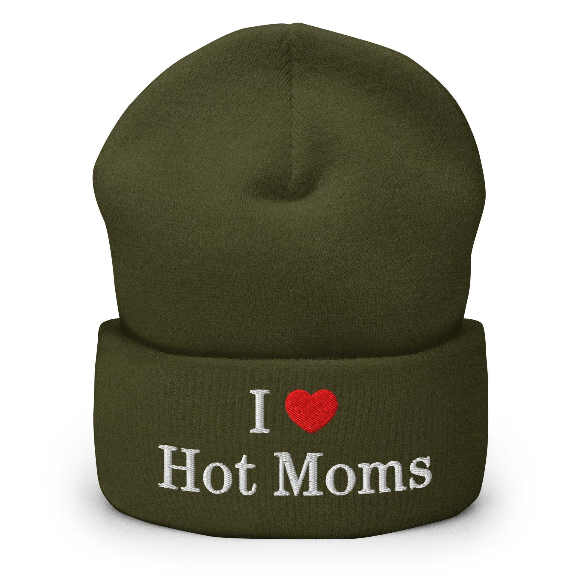 I Love Hot Moms Embroidered Knit Cuffed Beanie - Olive