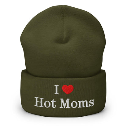 I Love Hot Moms Embroidered Knit Cuffed Beanie - Olive