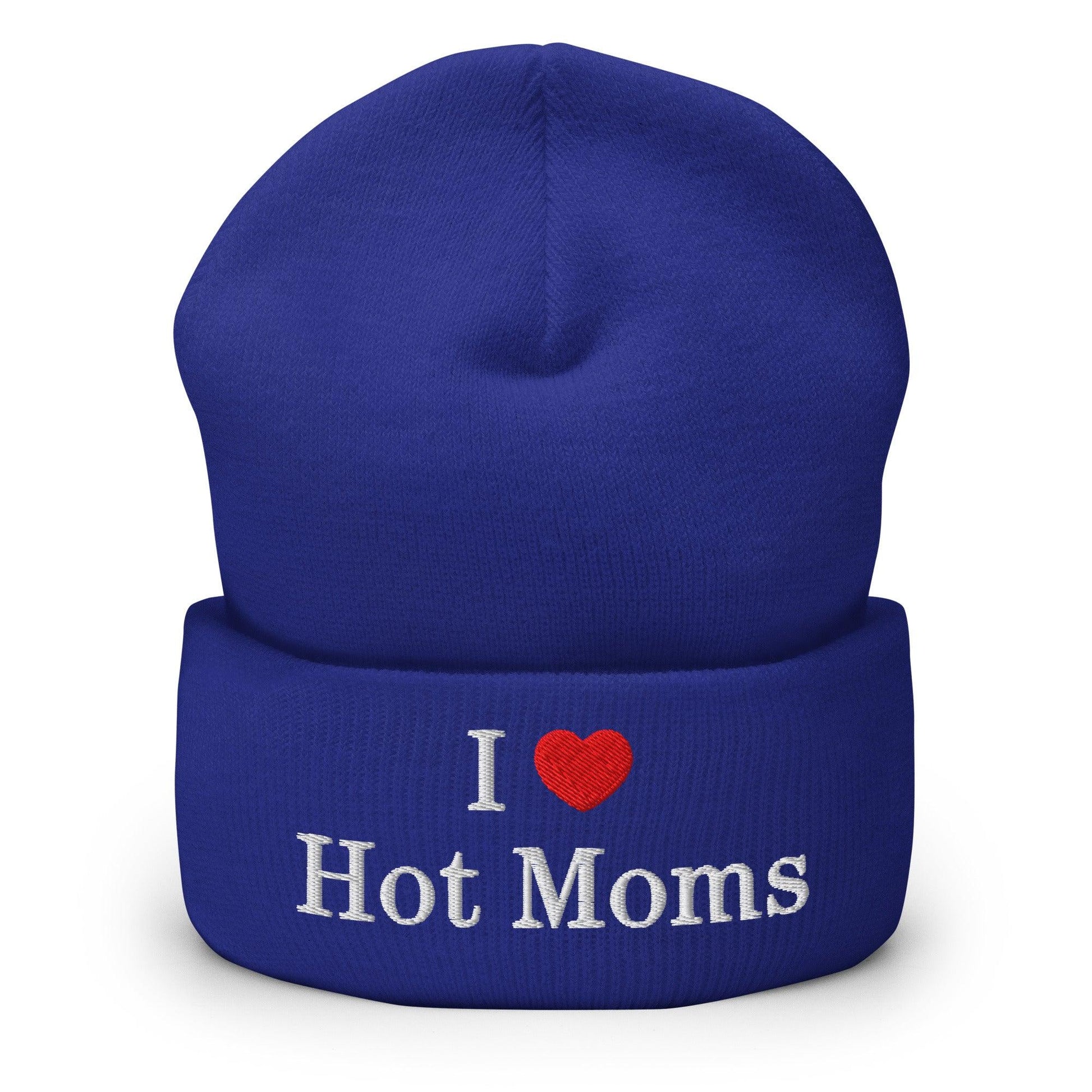 I Love Hot Moms Embroidered Knit Cuffed Beanie - Royal