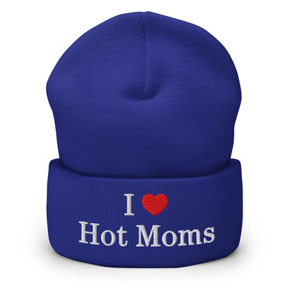 I Love Hot Moms Embroidered Knit Cuffed Beanie - Royal