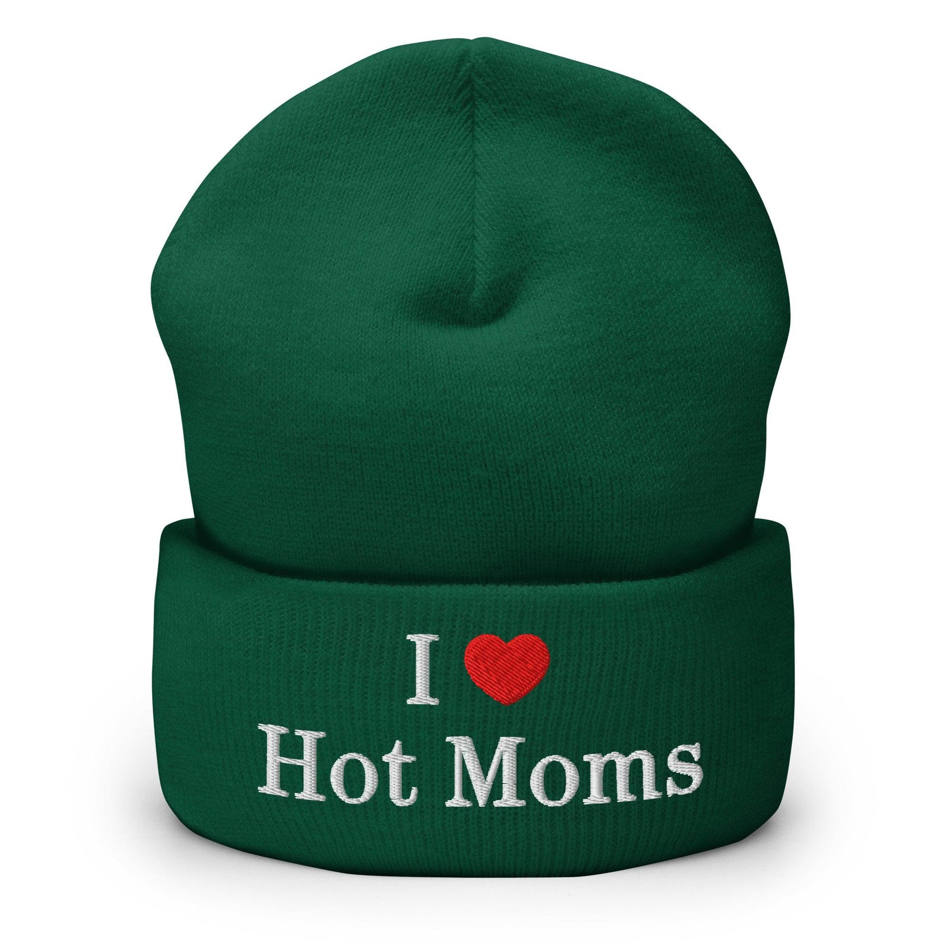 I Love Hot Moms Embroidered Knit Cuffed Beanie - Spruce