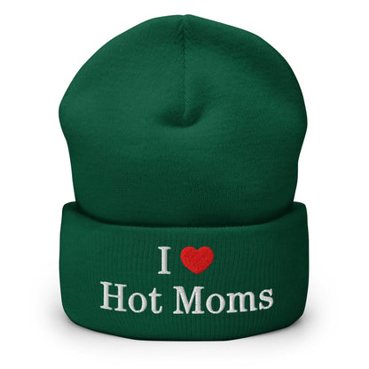 I Love Hot Moms Embroidered Knit Cuffed Beanie - Spruce