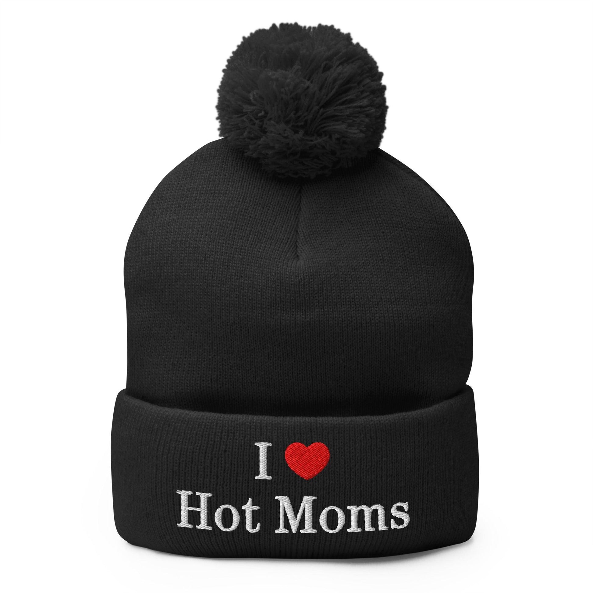 I Love Hot Moms Embroidered Knit Pom Beanie - Black