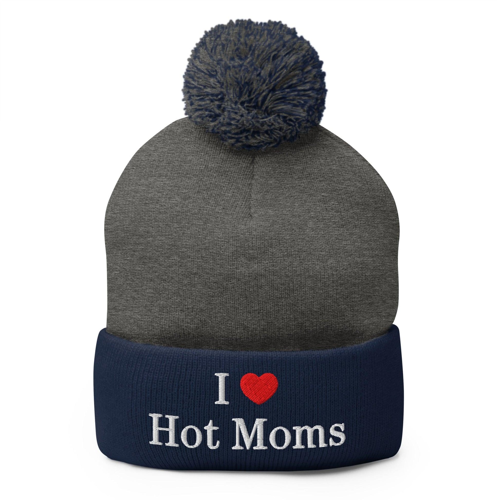 I Love Hot Moms Embroidered Knit Pom Beanie - Dark Heather Grey/ Navy
