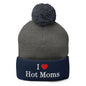I Love Hot Moms Embroidered Knit Pom Beanie - Dark Heather Grey/ Navy