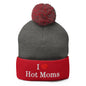 I Love Hot Moms Embroidered Knit Pom Beanie - Dark Heather Grey/ Red