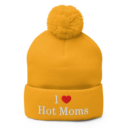 I Love Hot Moms Embroidered Knit Pom Beanie - Gold