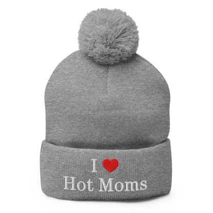 I Love Hot Moms Embroidered Knit Pom Beanie - Heather Grey