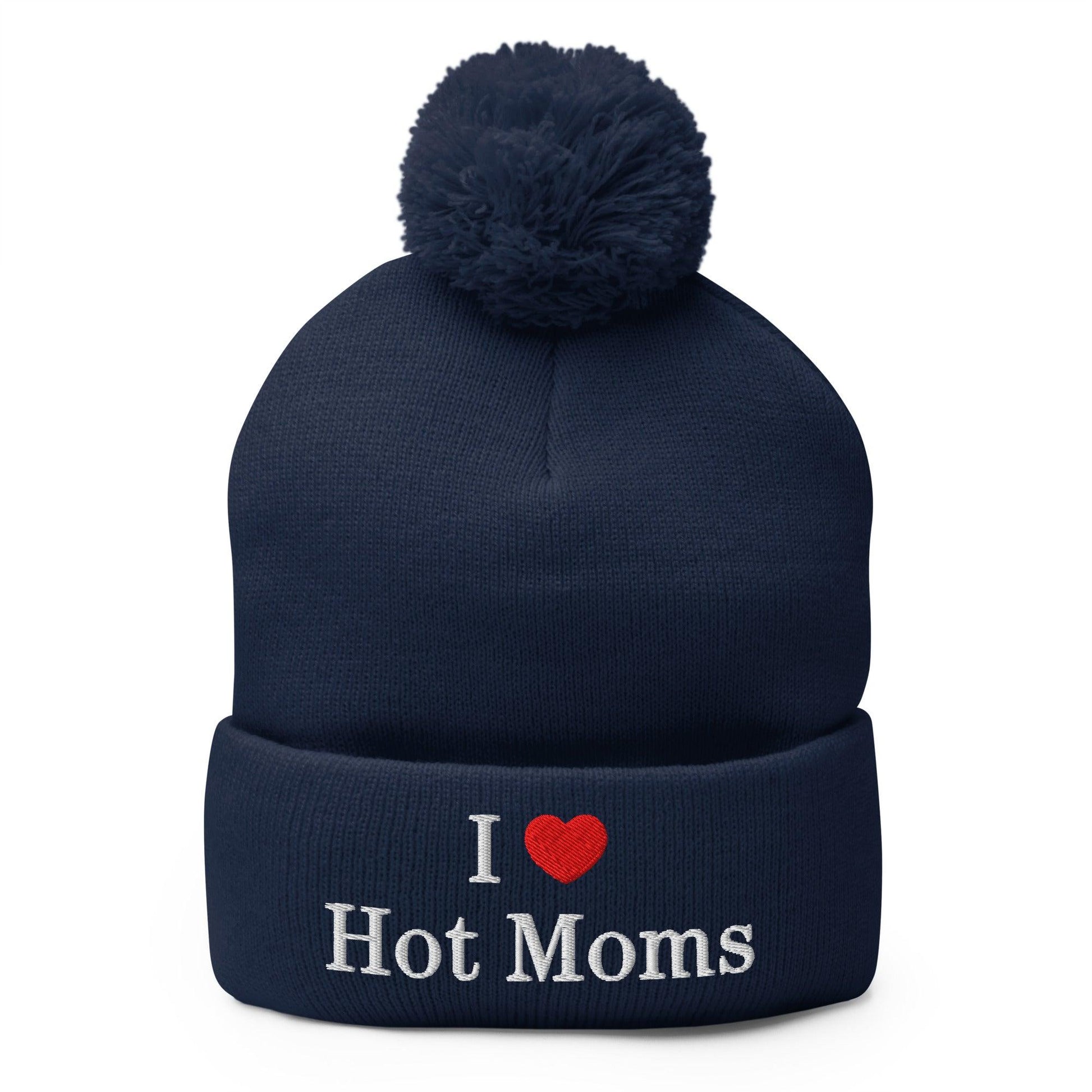 I Love Hot Moms Embroidered Knit Pom Beanie - Navy