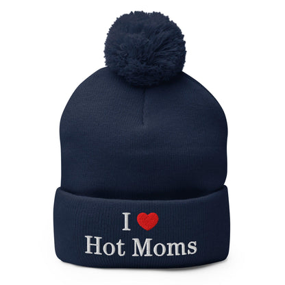 I Love Hot Moms Embroidered Knit Pom Beanie - Navy