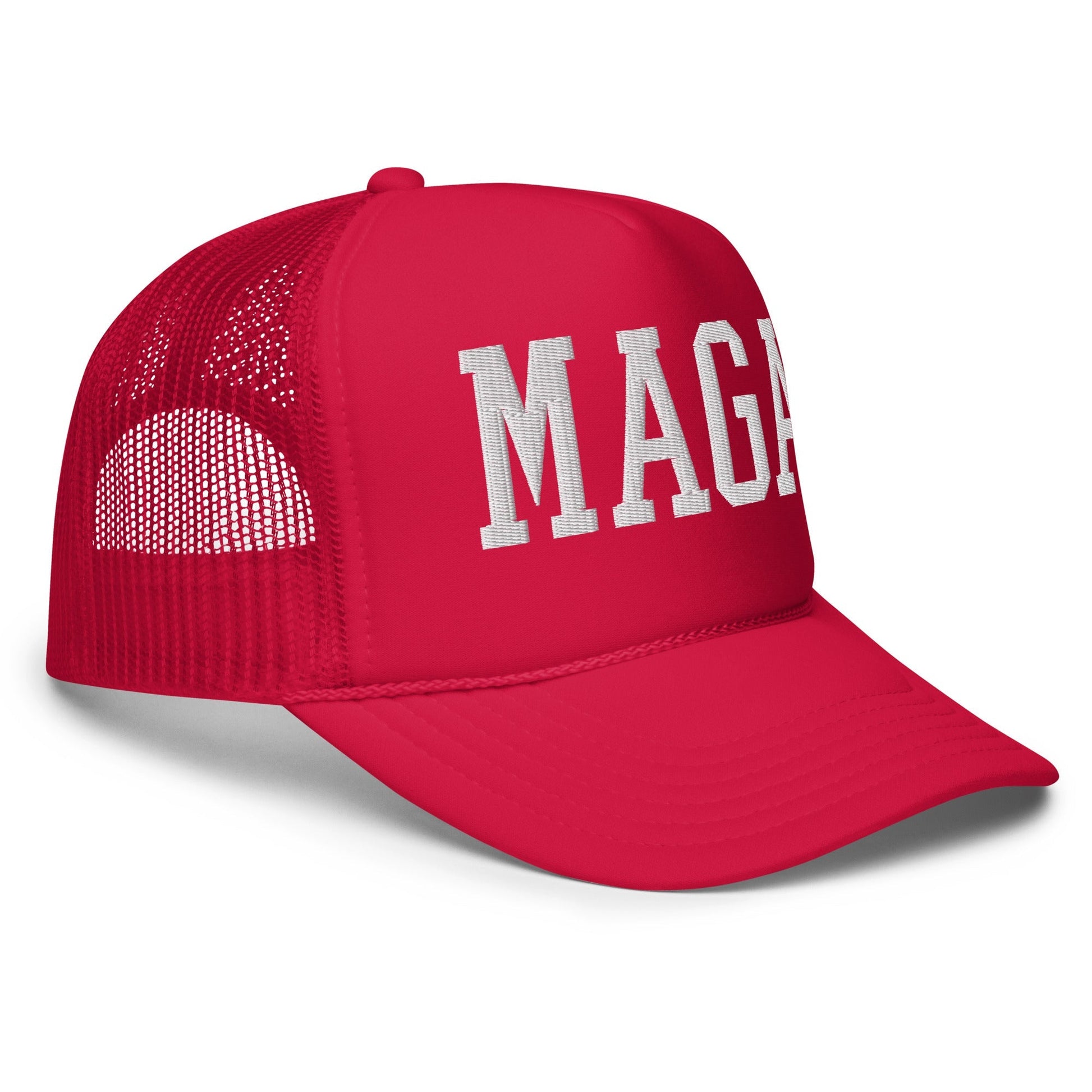 Red MAGA Make America Great Again block embroidered foam trucker hat for men