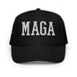 Black embroidered foam trucker hat with MAGA Make America Great Again block embroidery