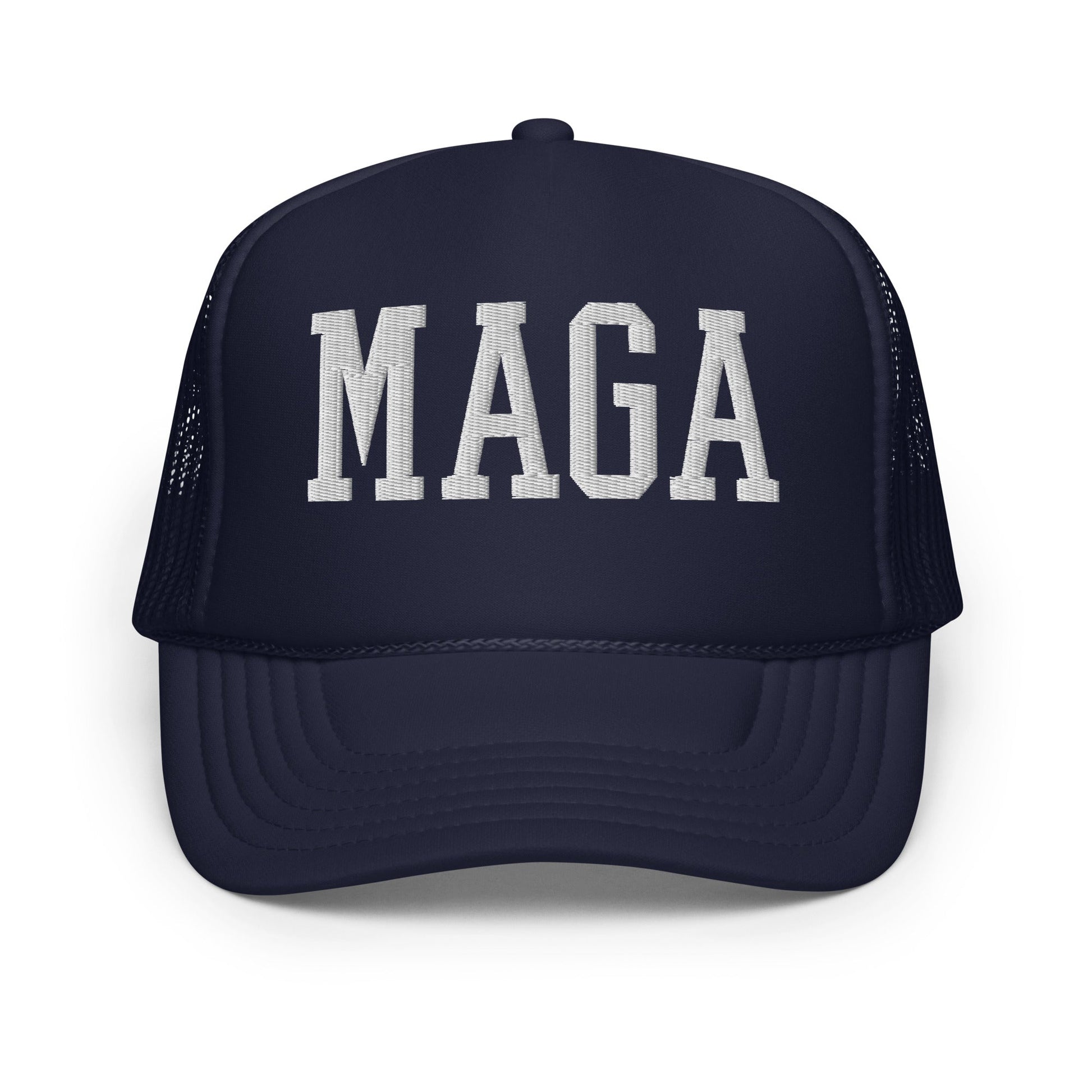 Navy blue MAGA Make America Great Again block embroidered foam trucker hat