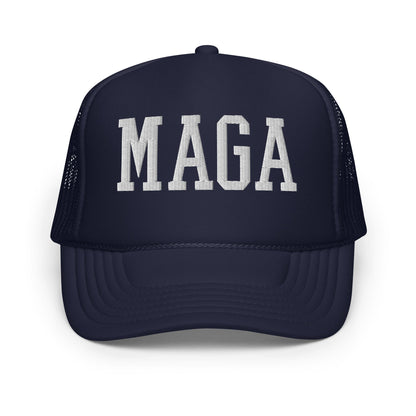 Navy blue MAGA Make America Great Again block embroidered foam trucker hat