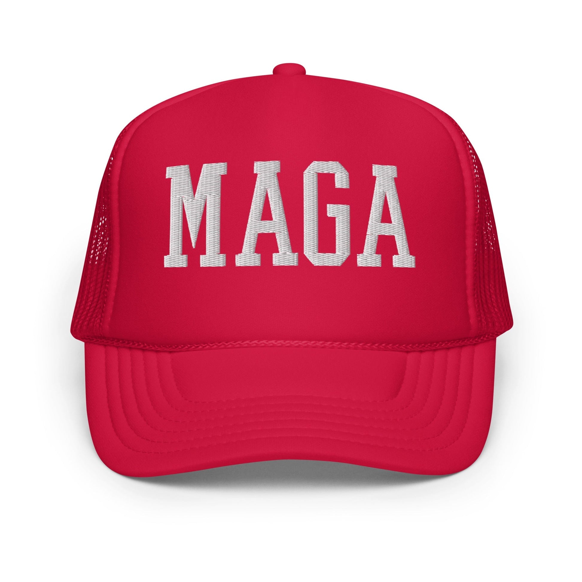 Red MAGA Make America Great Again block embroidered foam trucker hat for supporters