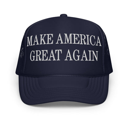 Navy blue MAGA Make America Great Again embroidered foam trucker hat for promotional wear