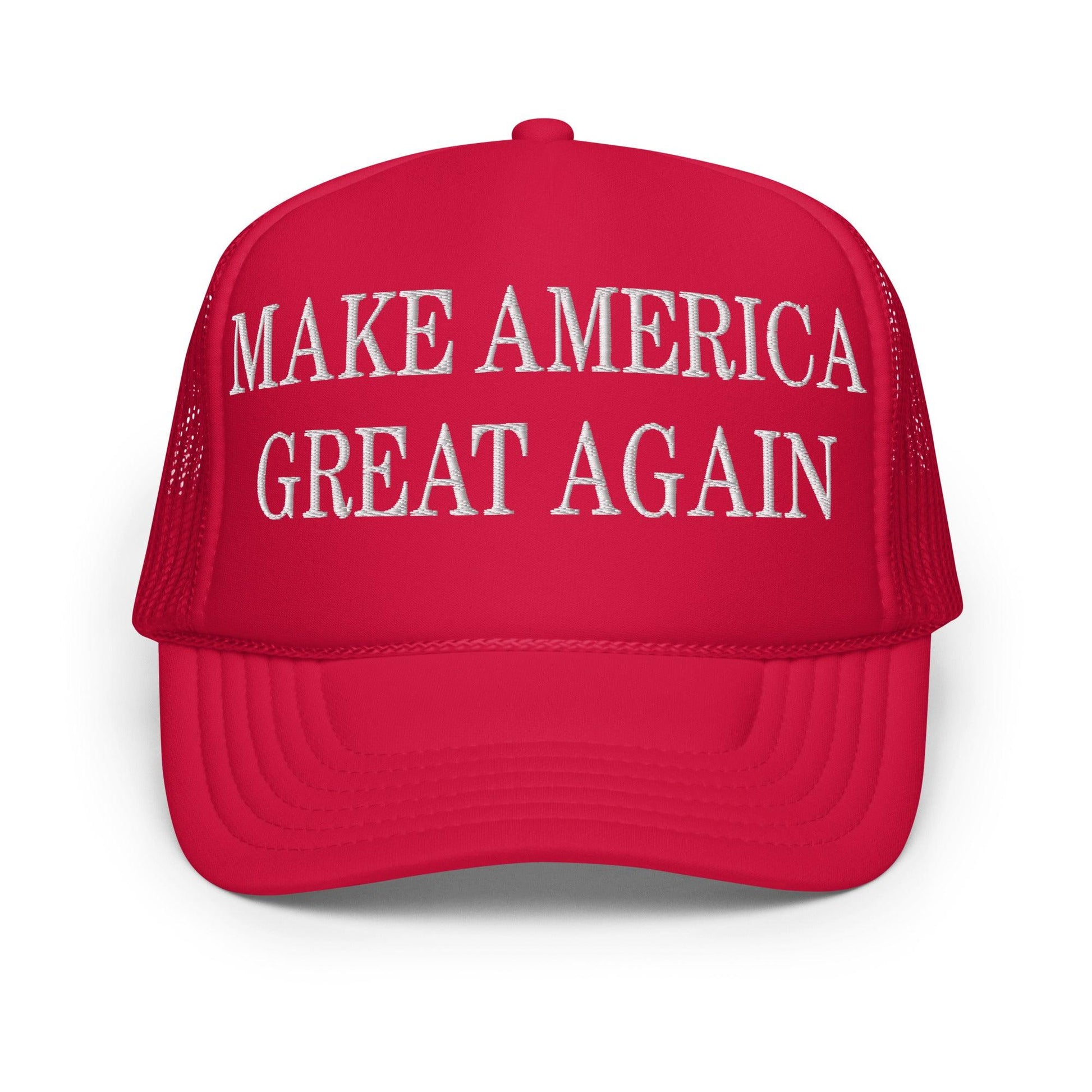 Red MAGA Make America Great Again embroidered foam trucker hat displayed for sale