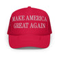 Red MAGA Make America Great Again embroidered foam trucker hat displayed for sale