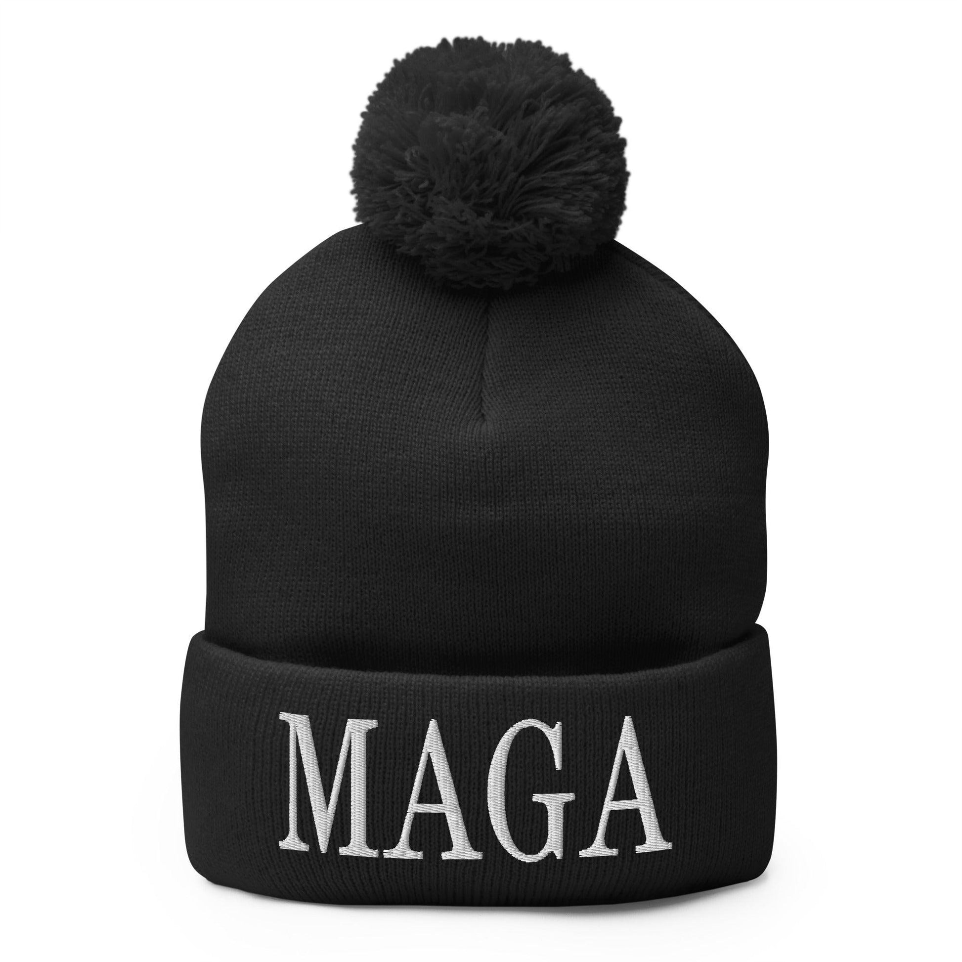 MAGA Make America Great Again Embroidered Knit Pom Beanie - Black