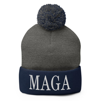 MAGA Make America Great Again Embroidered Knit Pom Beanie - Dark Heather Grey/ Navy