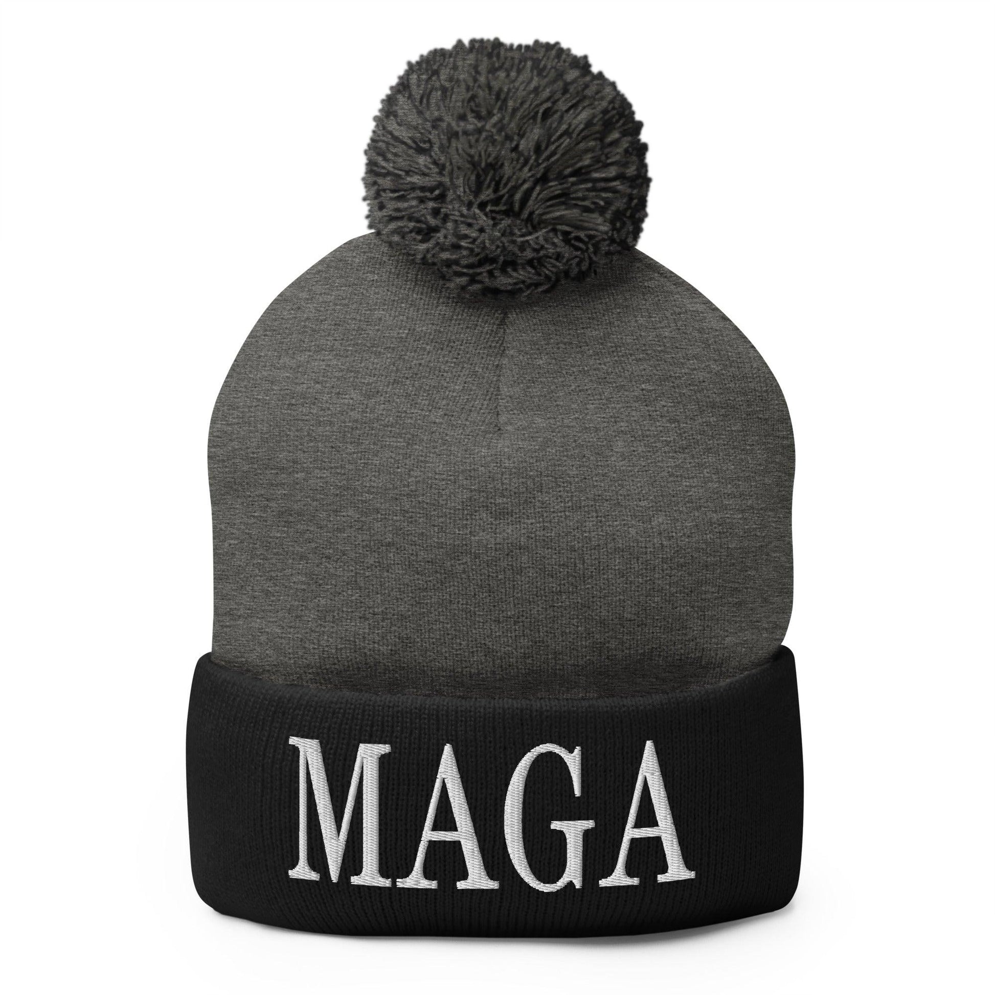 MAGA Make America Great Again Embroidered Knit Pom Beanie - Dark Heather Grey/ Black