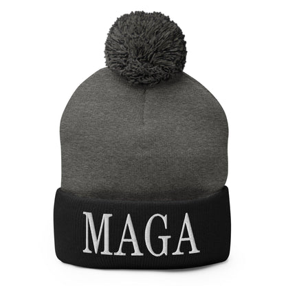 MAGA Make America Great Again Embroidered Knit Pom Beanie - Dark Heather Grey/ Black
