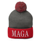 MAGA Make America Great Again Embroidered Knit Pom Beanie - Dark Heather Grey/ Red