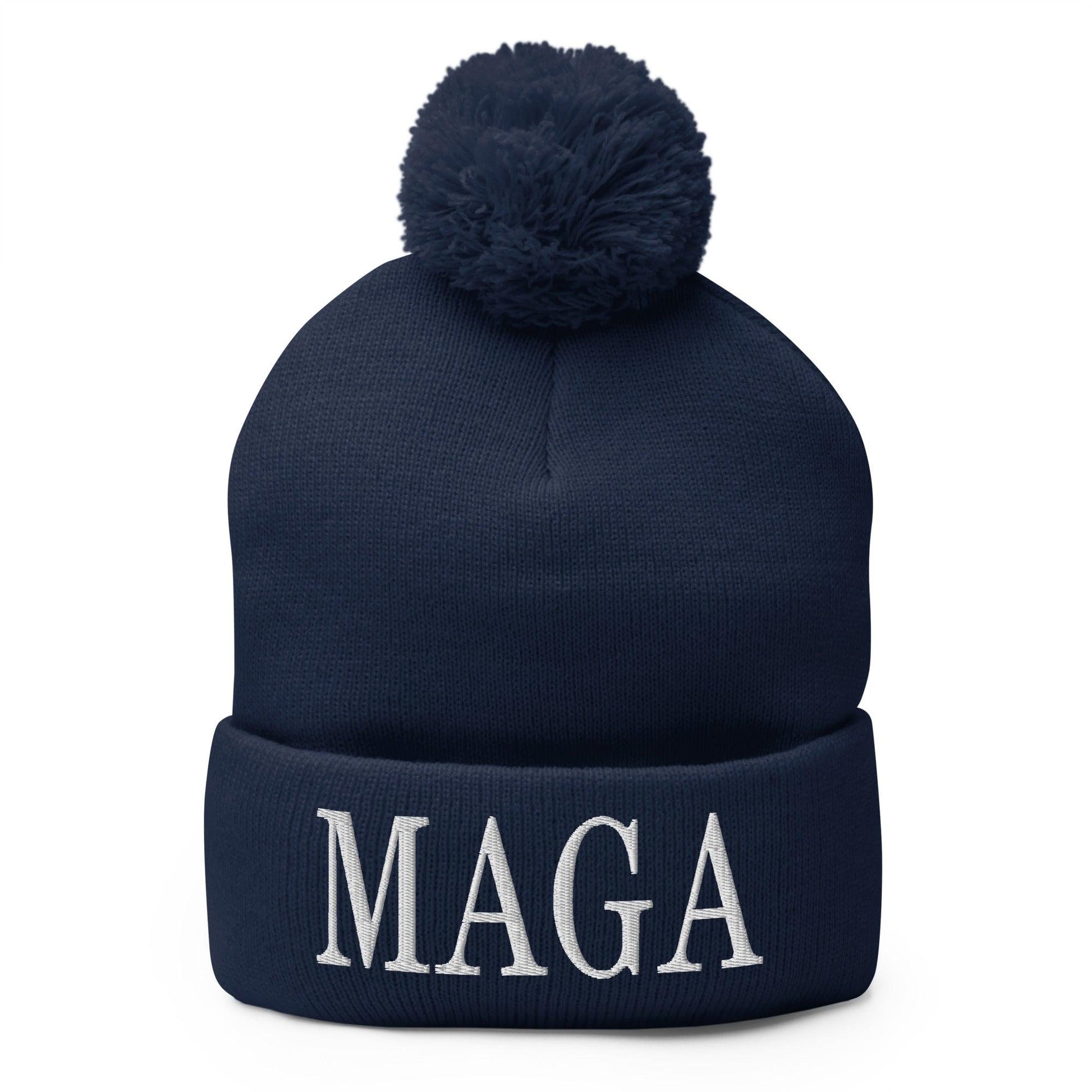 MAGA Make America Great Again Embroidered Knit Pom Beanie - Navy