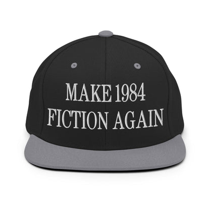 Make 1984 Fiction Again Embroidered Flat Bill Brim Snapback Hat - Black/ Silver