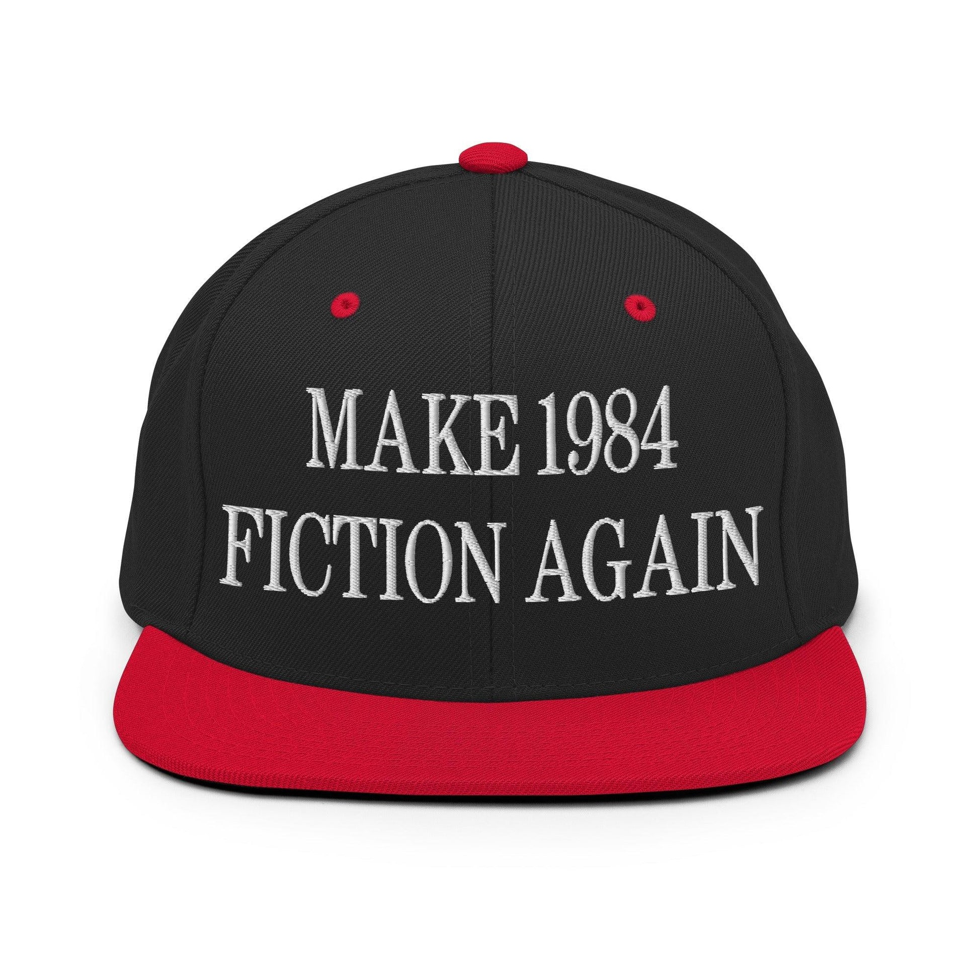 Make 1984 Fiction Again Embroidered Flat Bill Brim Snapback Hat - Black/ Red