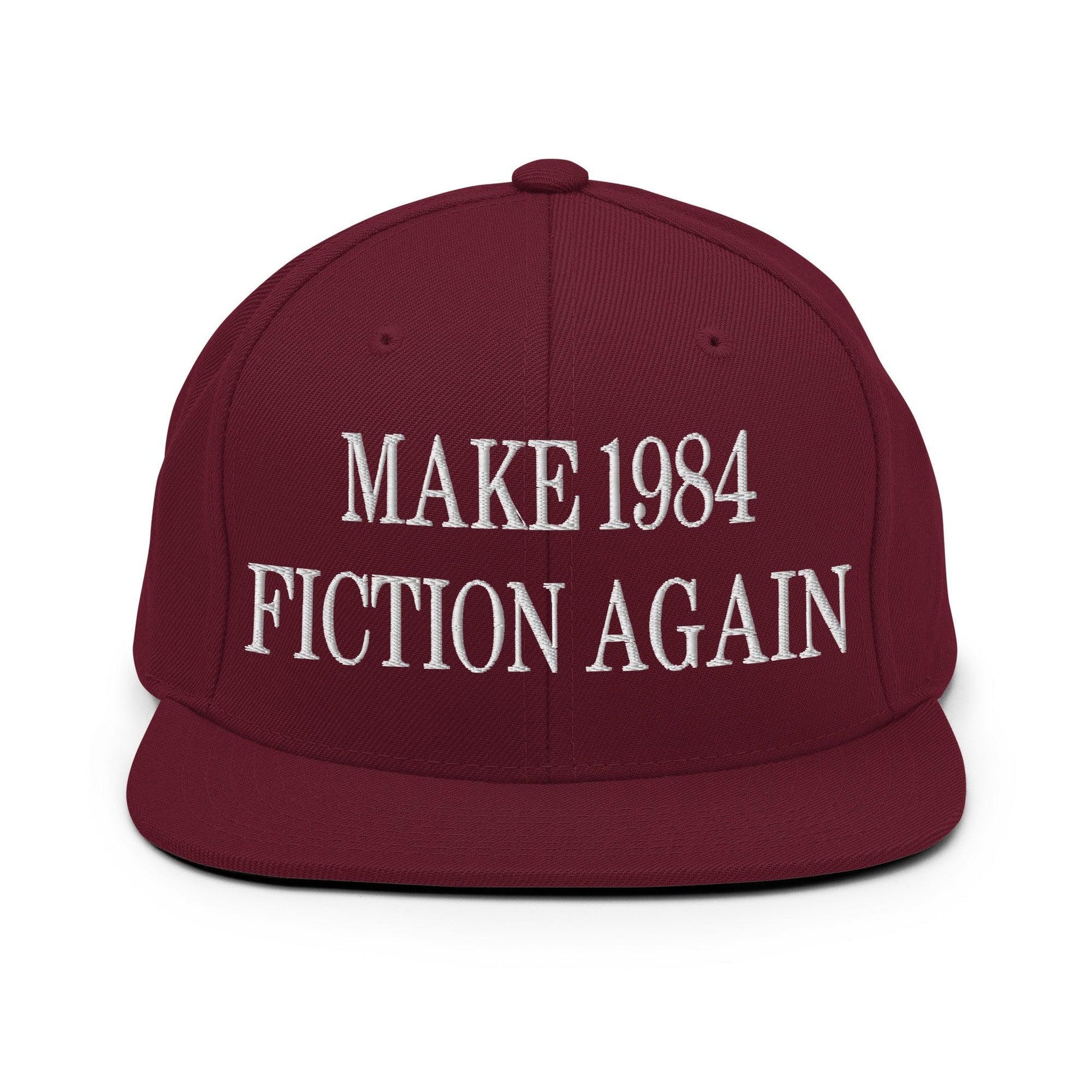 Make 1984 Fiction Again Embroidered Flat Bill Brim Snapback Hat - Maroon