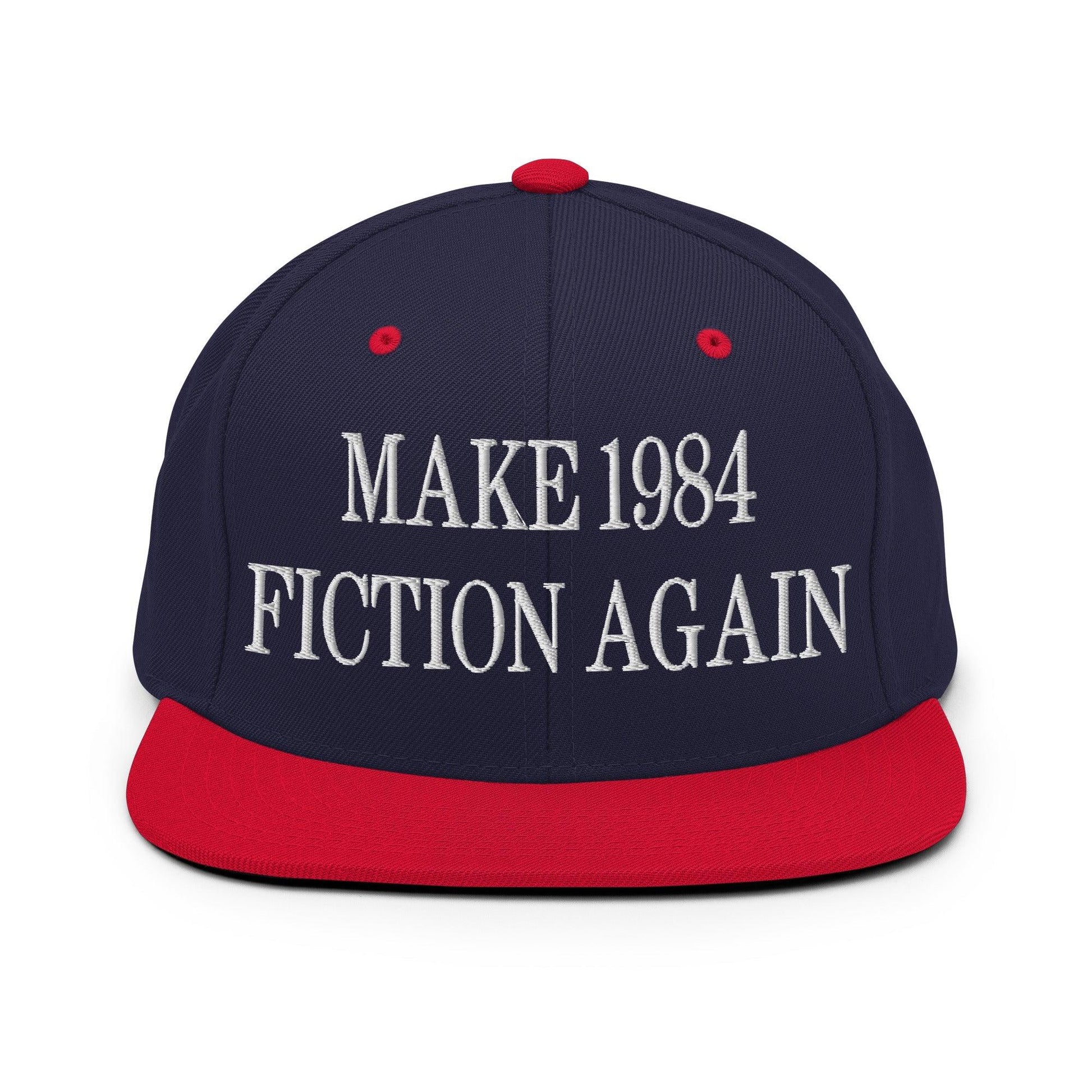 Make 1984 Fiction Again Embroidered Flat Bill Brim Snapback Hat - Navy/ Red