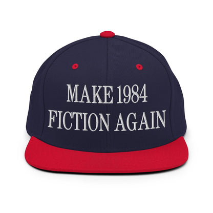 Make 1984 Fiction Again Embroidered Flat Bill Brim Snapback Hat - Navy/ Red