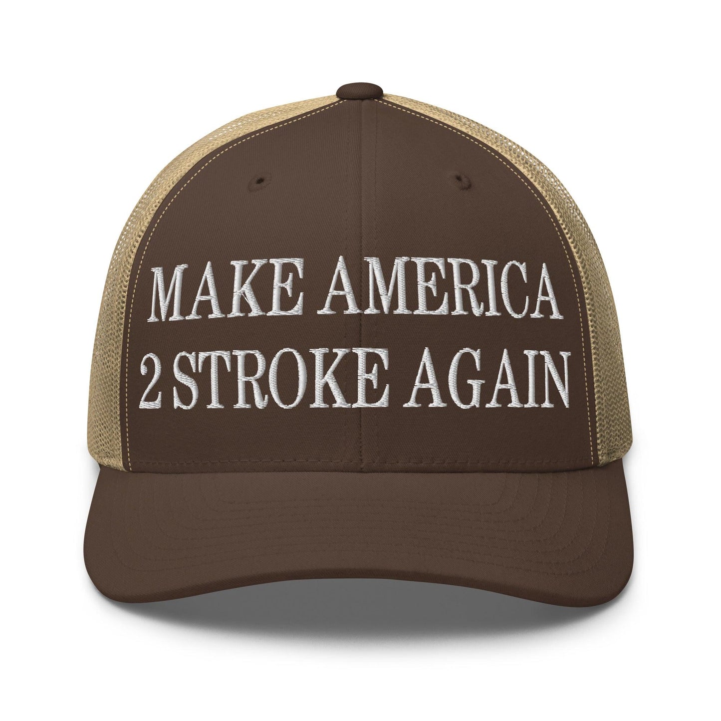 Make Us 2 Stroke Again Embroidered Mesh Trucker Hat - Brown/ Khaki