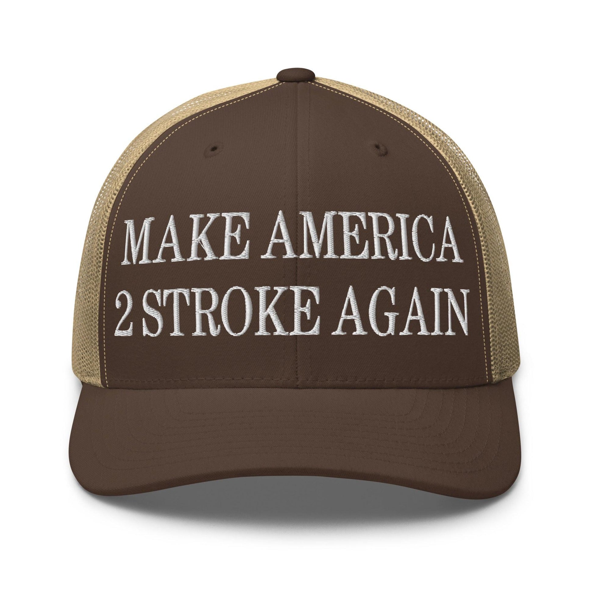 Make Us 2 Stroke Again Embroidered Mesh Trucker Hat - Brown/ Khaki