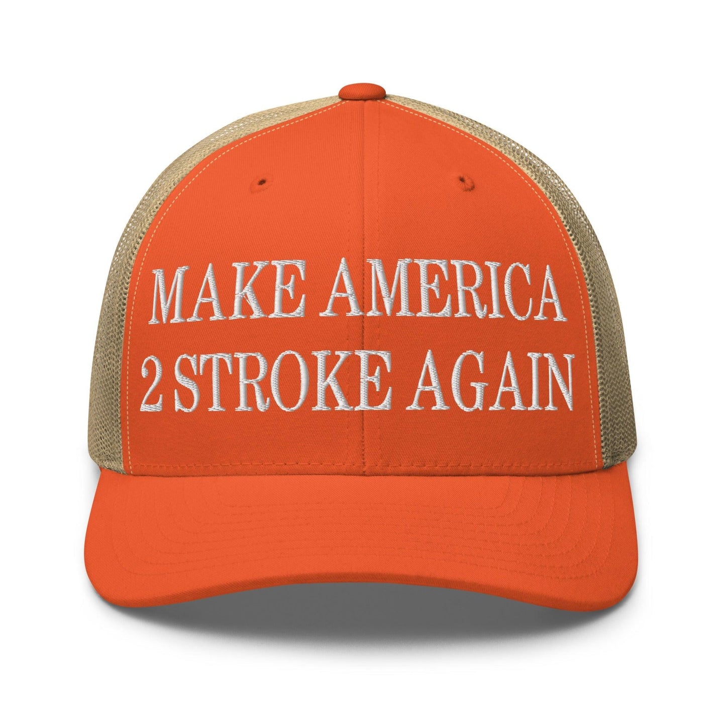 Make Us 2 Stroke Again Embroidered Mesh Trucker Hat - Rustic Orange/ Khaki