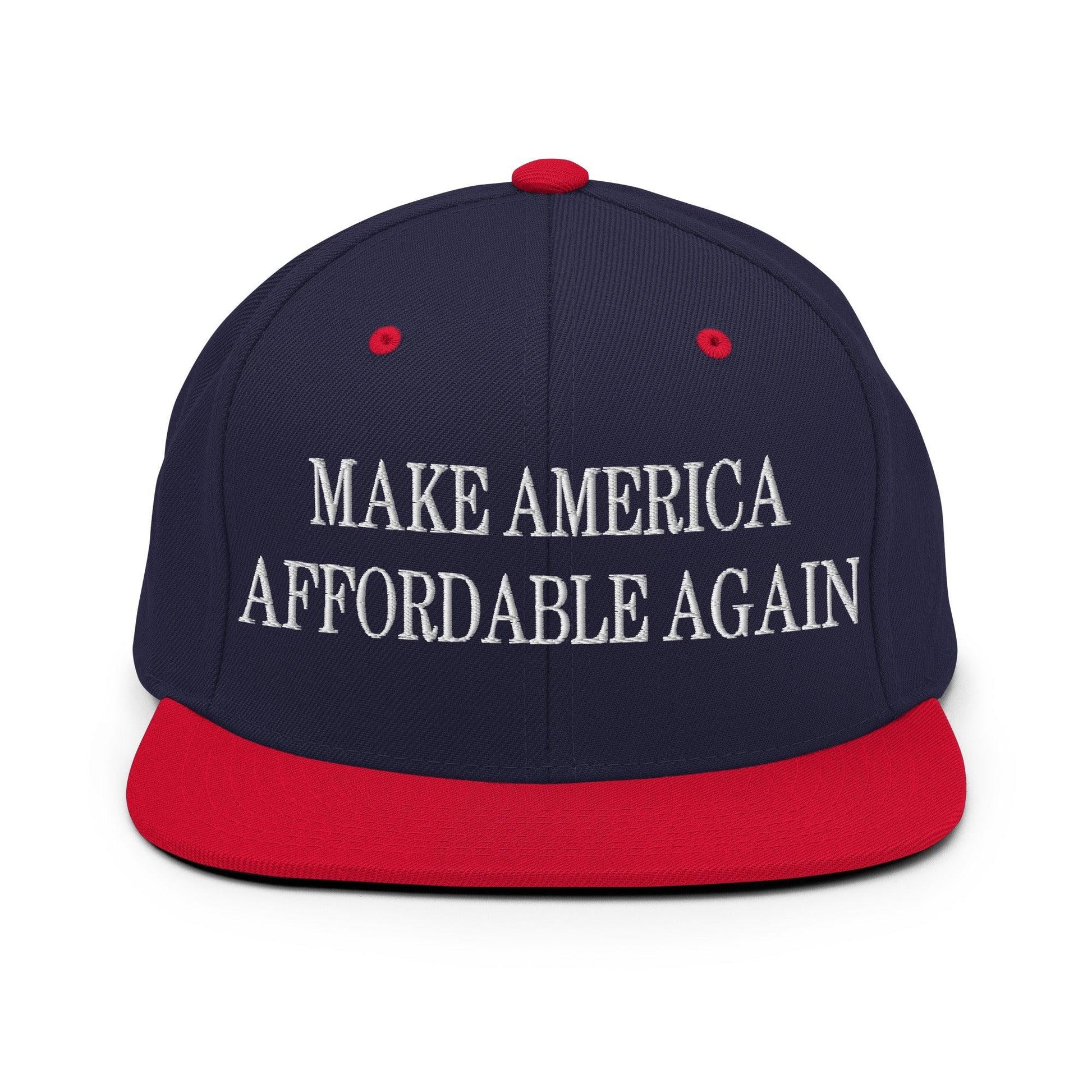 Make Us Affordable Again Embroidered Flat Bill Brim Snapback Hat - Navy/ Red
