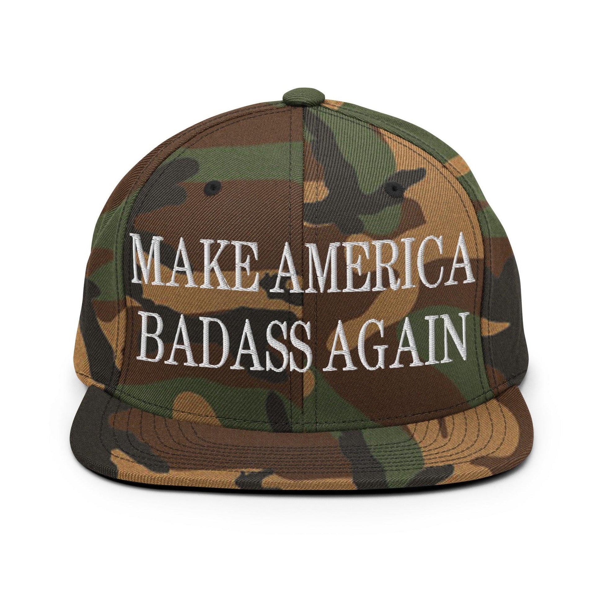 Make America Badass Again Embroidered Flat Bill Brim Snapback Hat - Green Camo