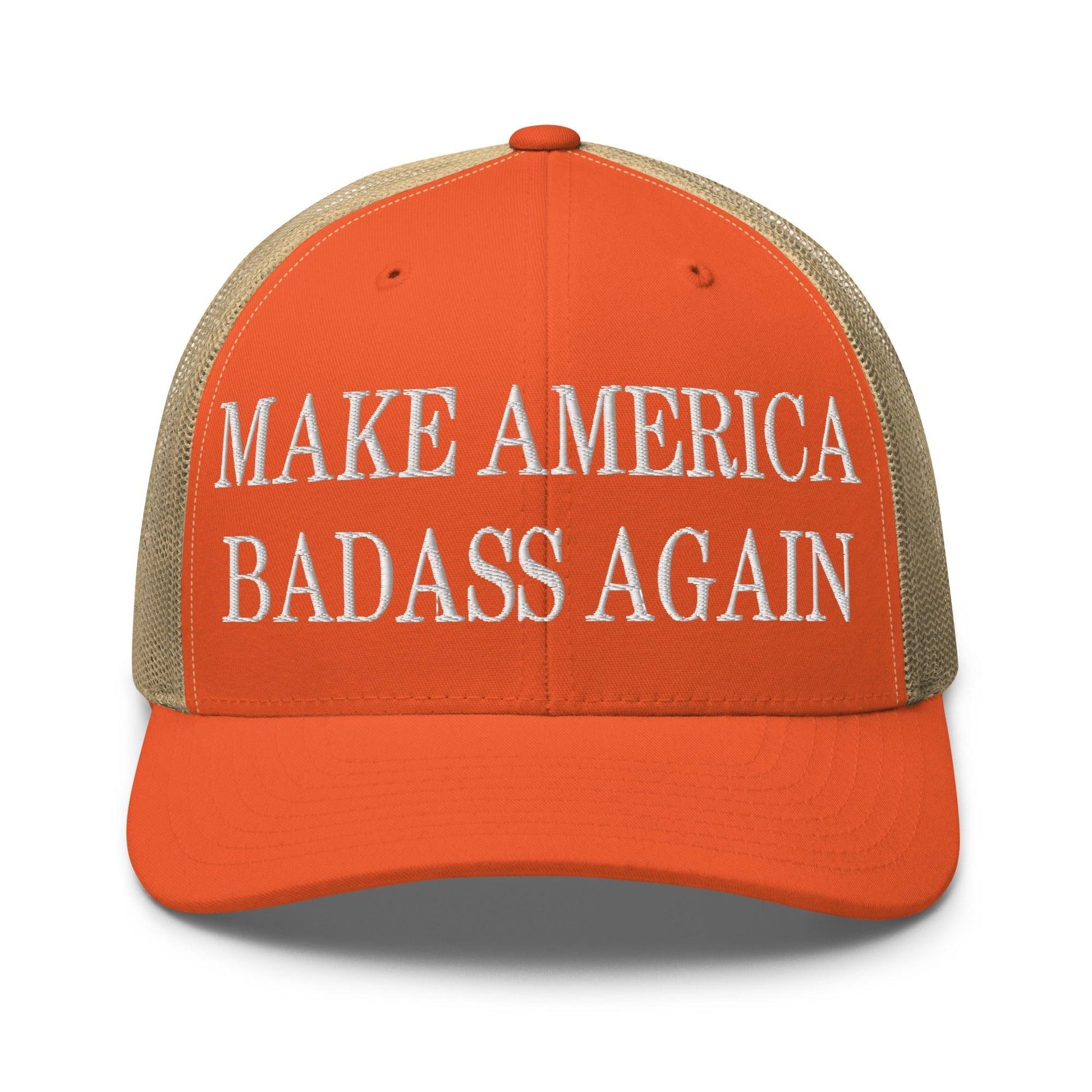 Make America Badass Again Embroidered Mesh Trucker Hat - Rustic Orange/ Khaki