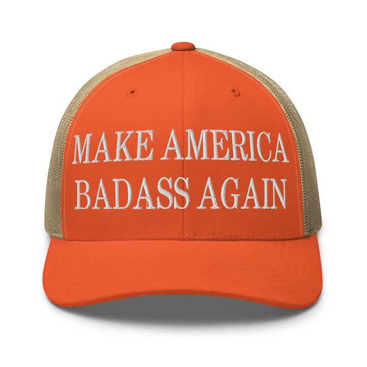 Make America Badass Again Embroidered Mesh Trucker Hat - Rustic Orange/ Khaki