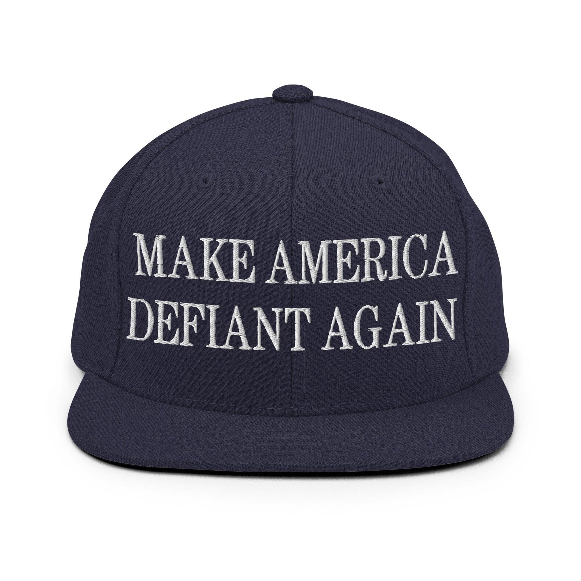 Make America Defiant Again Embroidered Flat Bill Brim Snapback Hat - Navy