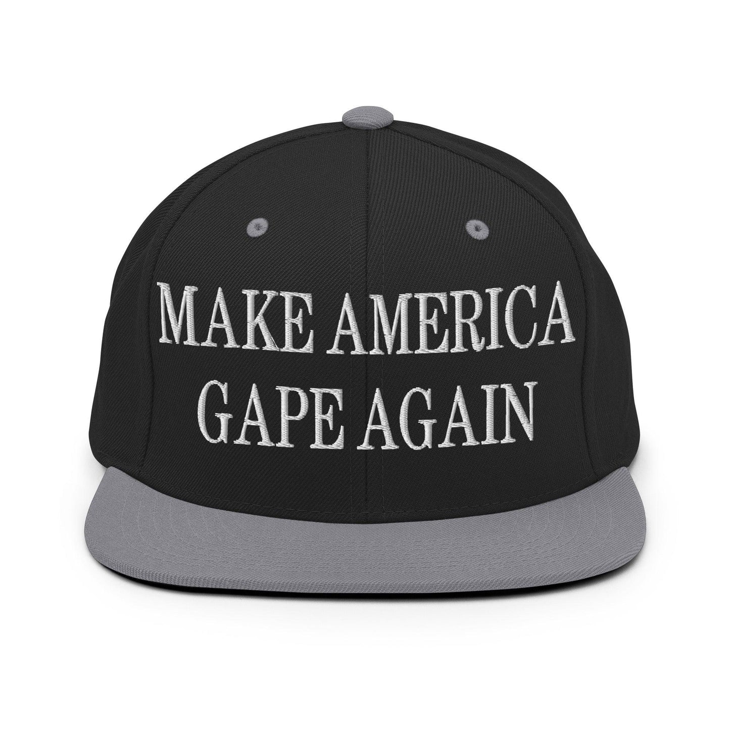Make America Gape Again Embroidered Flat Bill Brim Snapback Hat - Black/ Silver