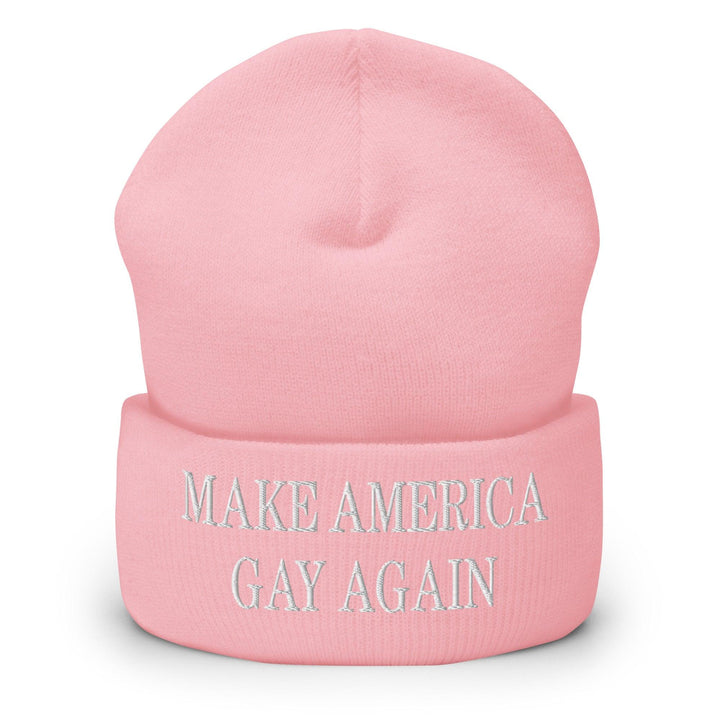 Make America Gay Again MAGA Embroidered Knit Cuffed Beanie - Baby Pink