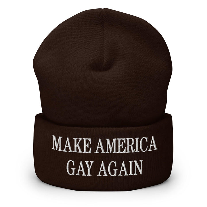 Make America Gay Again MAGA Embroidered Knit Cuffed Beanie - Brown
