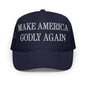 Navy blue Make America Godly embroidered foam trucker hat showcasing foam truckers style