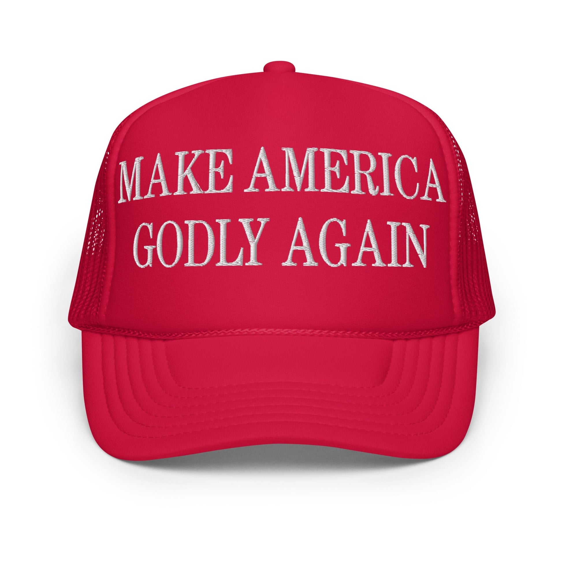 Red trucker hat from Make America Godly featuring embroidered foam truckers design