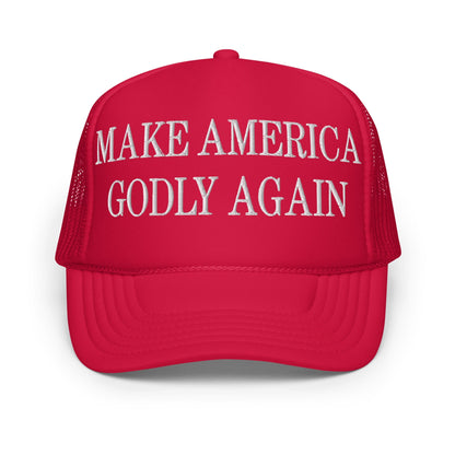 Red trucker hat from Make America Godly featuring embroidered foam truckers design